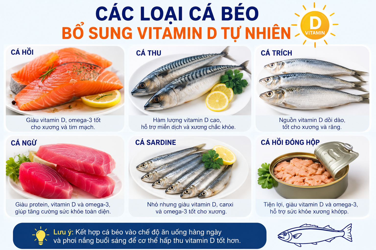 6 cách bổ sung vitamin D tự nhiên mà không cần dùng thuốc - Ảnh 1. Các loại cá béo bổ sung vitamin D (Ảnh AI).