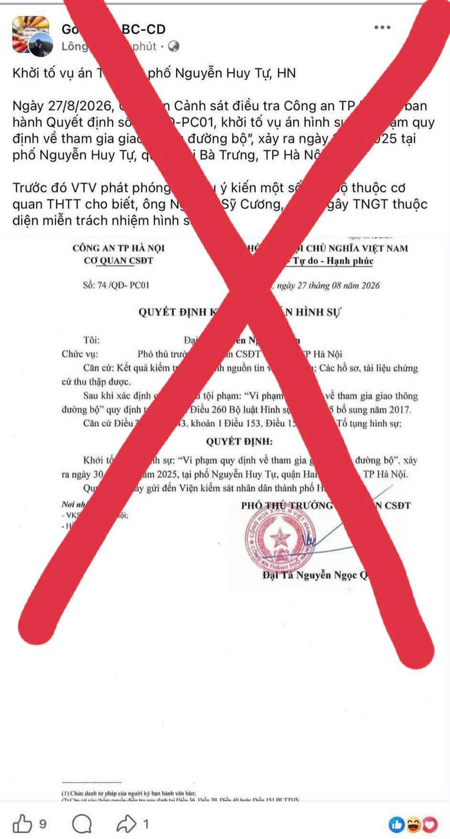 Xử phạt người đăng tải văn bản giả quyết định khởi tố của Cơ quan điều tra - Ảnh 1.