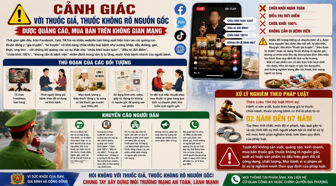 Cảnh giác với thuốc giả, thuốc không rõ nguồn gốc được quảng cáo, mua bán trên không gian mạng. Ảnh: Cơ quan công an.