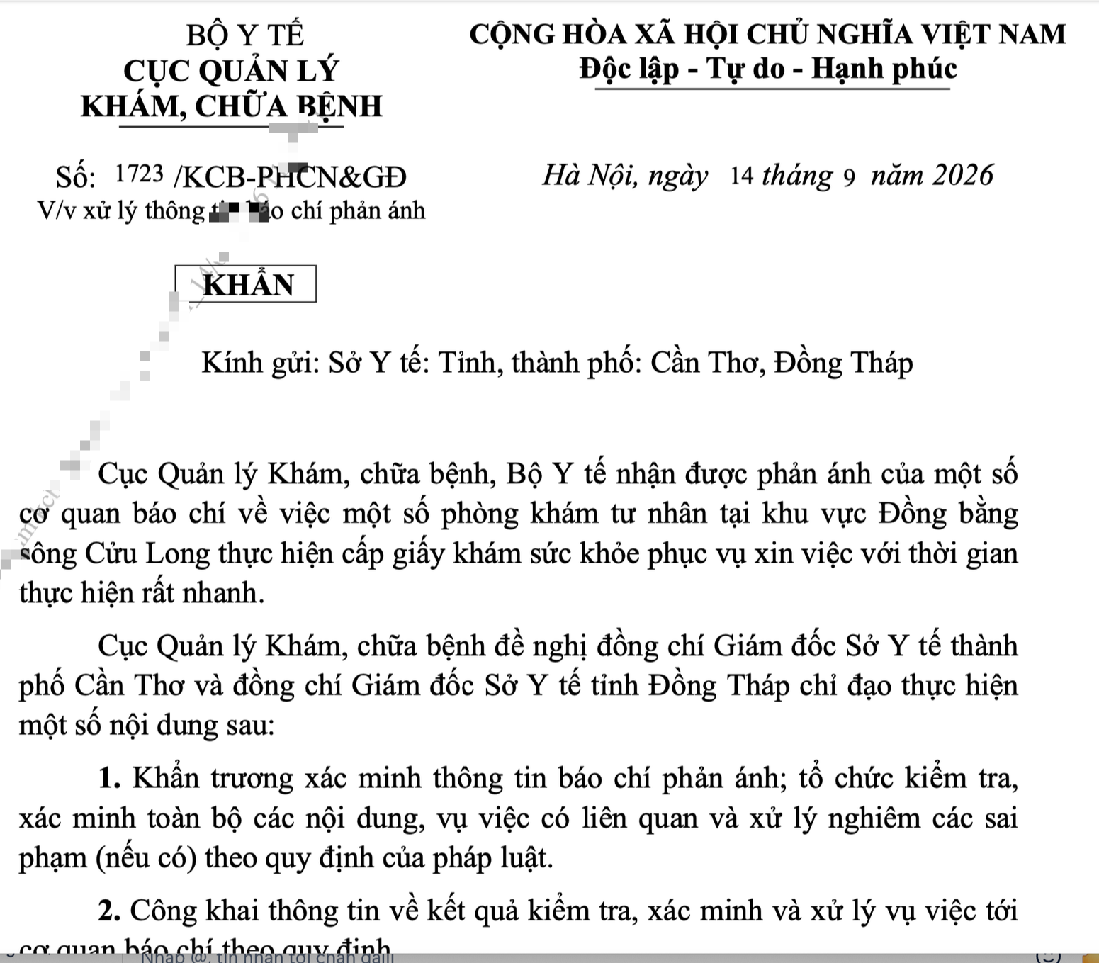 Kiểm tra khẩn về việc cấp giấy khám sức khỏe quá nhanh ở Đồng bằng sông Cửu Long